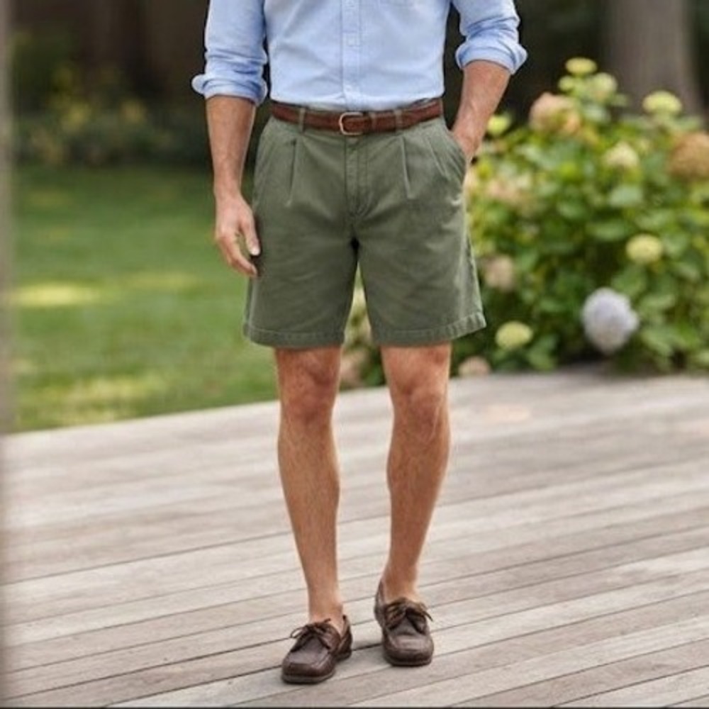 Vintage Lands' End Pleated Chino Shorts Mens 42 Olive Green Cotton Casual Preppy